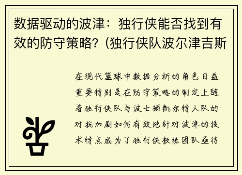 数据驱动的波津：独行侠能否找到有效的防守策略？(独行侠队波尔津吉斯)