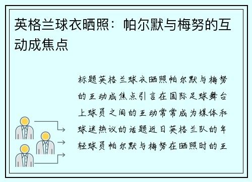 英格兰球衣晒照：帕尔默与梅努的互动成焦点