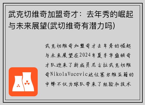武克切维奇加盟奇才：去年秀的崛起与未来展望(武切维奇有潜力吗)