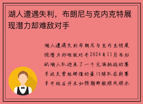 湖人遭遇失利，布朗尼与克内克特展现潜力却难敌对手
