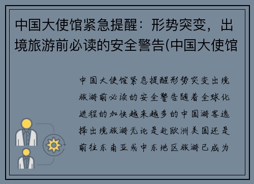 中国大使馆紧急提醒：形势突变，出境旅游前必读的安全警告(中国大使馆入境政策)